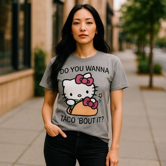 Sanrio Hello Kitty Short Sleeve Top Size XL Do You Wanna Taco 'Bout It? Gray EUC - Picture 1 of 9